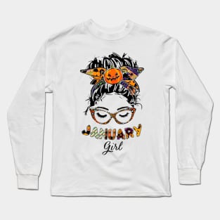 January Girl Halloween Face Wink Eyes Pumpkin Long Sleeve T-Shirt